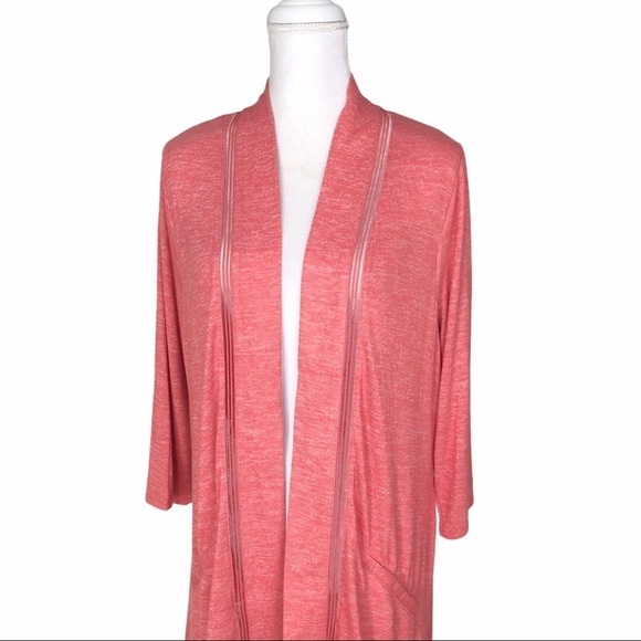 Halston long drape open cardigan sweater pink red medium short sleeves boho - Picture 2 of 16